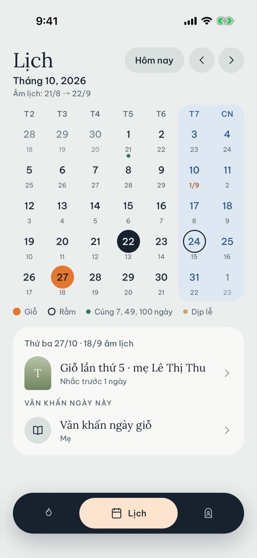 Lịch âm dương, đánh dấu ngày giỗ, rằm, mùng 1